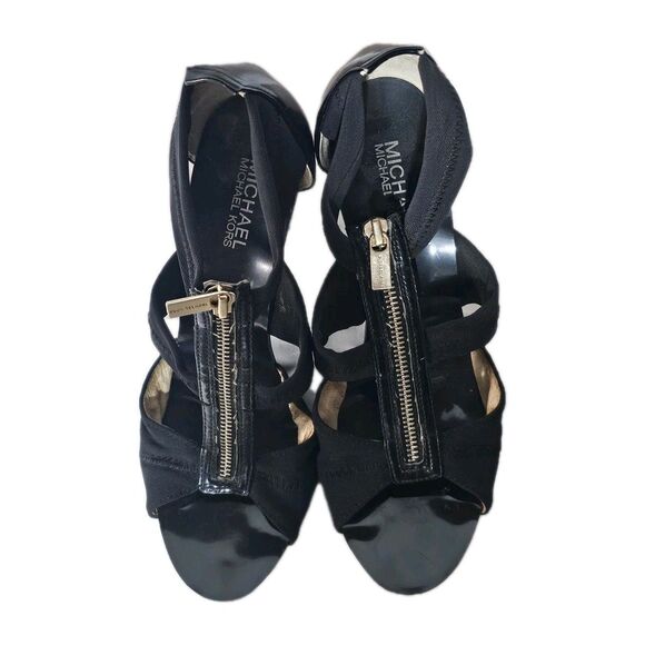 Michael Kors Berkley TStrap Sandals Black Patent Leather Zip Front Heels Size 10 - Picture 3 of 12